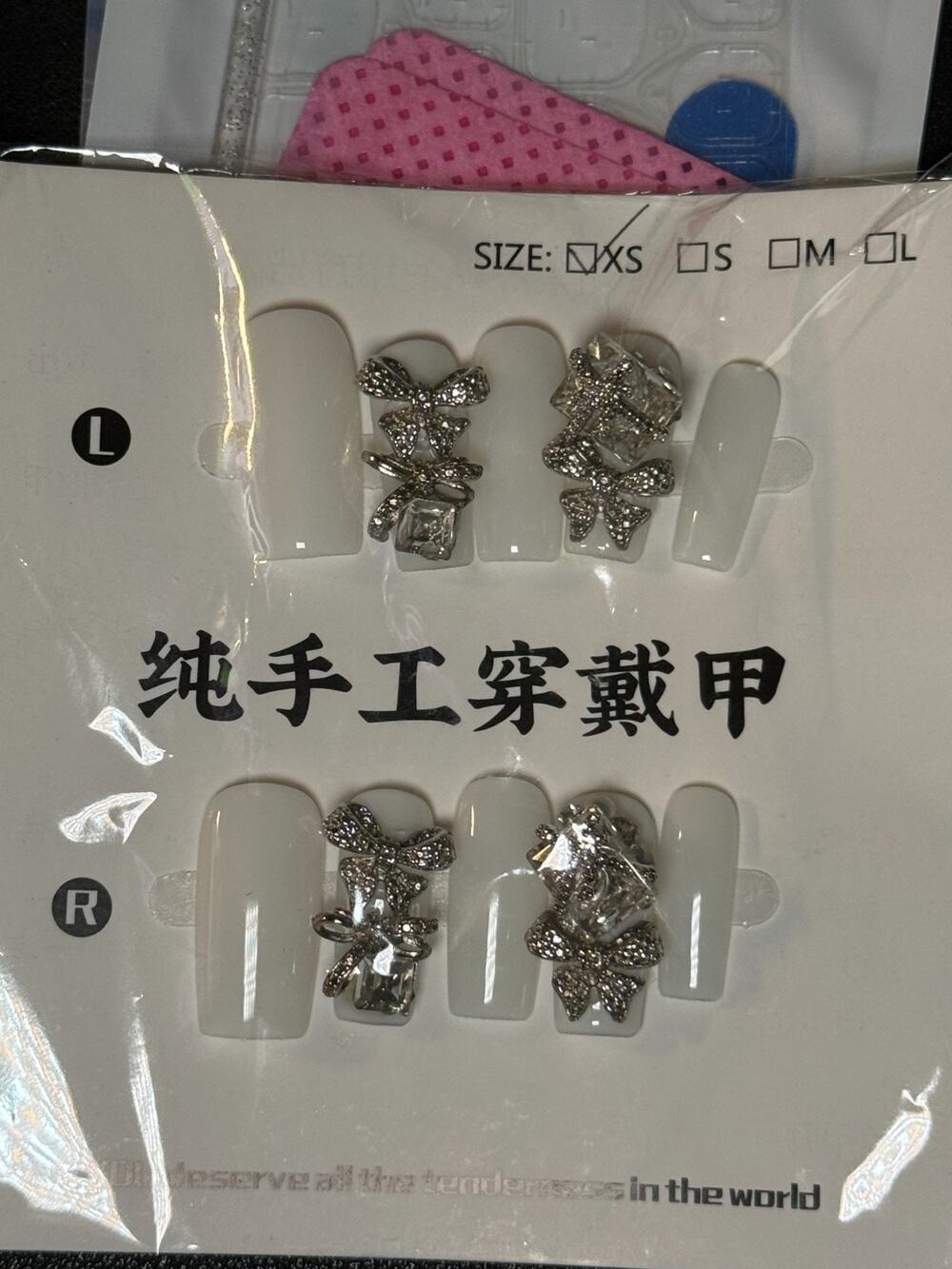 Press-On Nails Acrylic Clear White Rhinestone Bows XS Long Coffin Handmade New